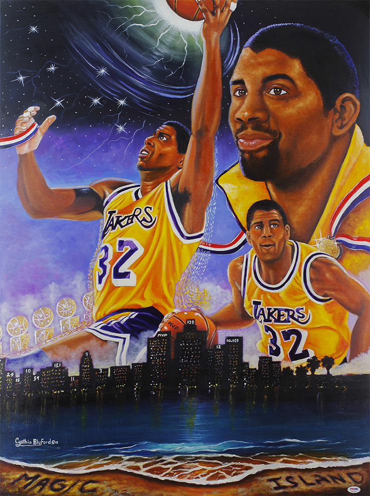 Painting of Magic Johnson by Cynthia Bluford Mejia