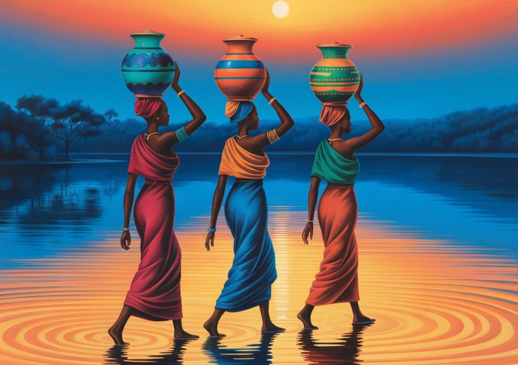 Three ladies with vases